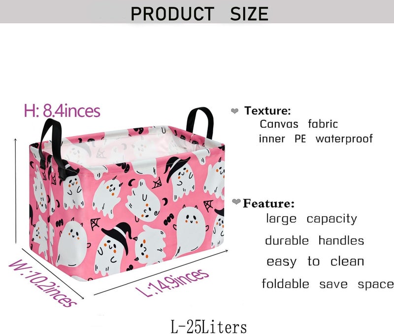 KUNRO Pink Ghost Pattern Storage Basket Gift Shelf Basket Storage Bin, Nursery Basket Organizer Box for With Handles for Room Deco - Image 2